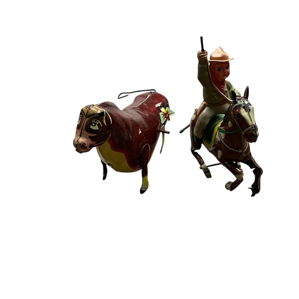 Vintage 1930s tin toys Ferdinand the bull and cowboy set of two